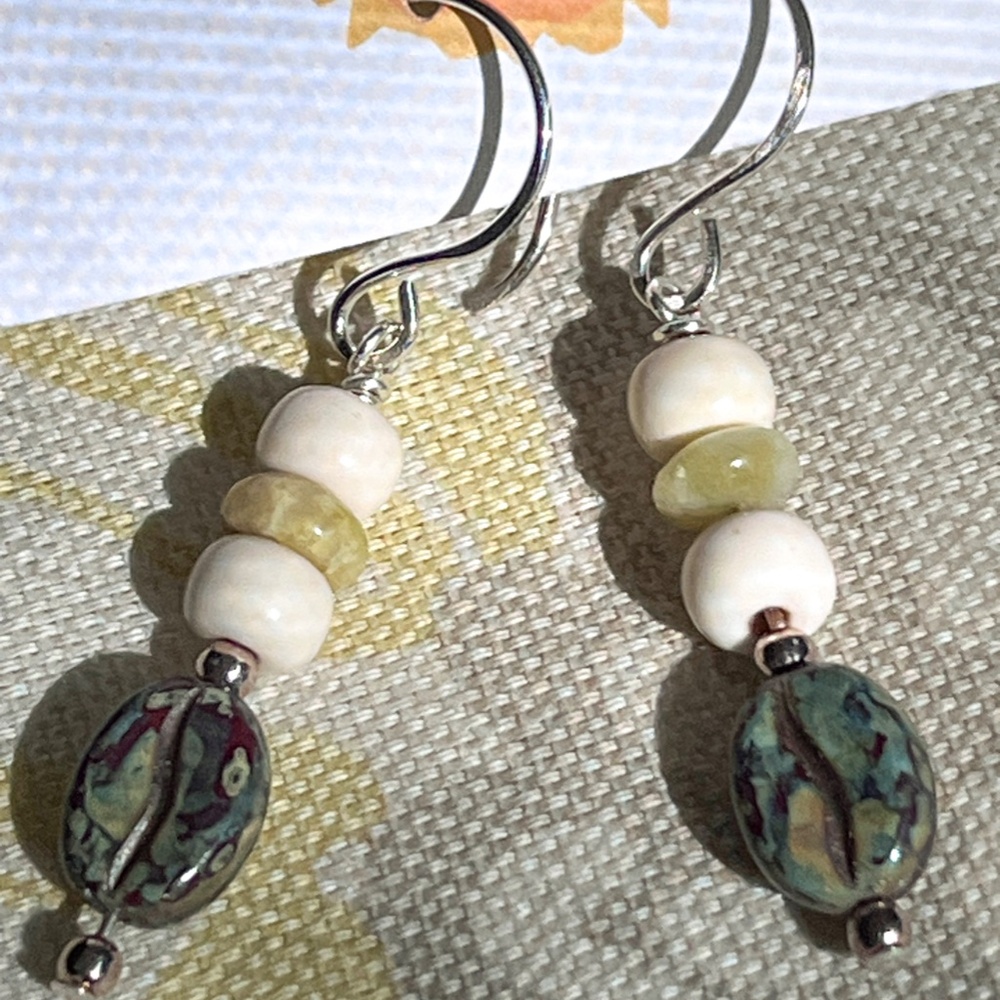 Coffee Bean Beads with Serpentine , White Turquoise & Sterling Silver - Earrings